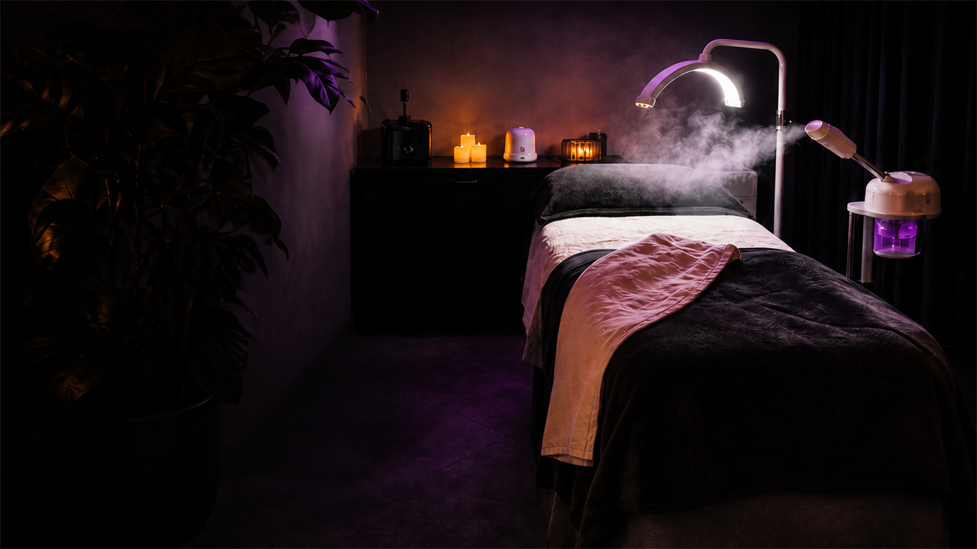 Dark private treatment room with a facial steamer, lamp and candles glowing